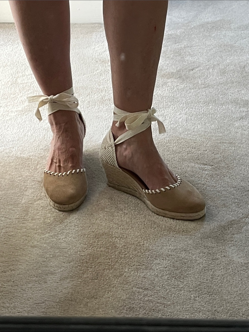 Ankle-Tie Espadrille Wedge in Beige